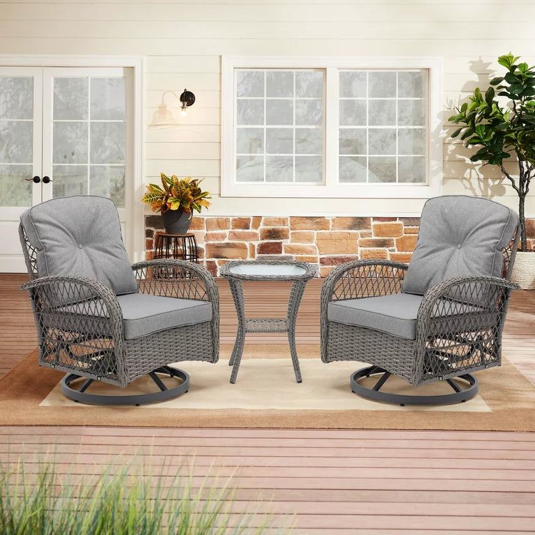 3 Piece Outdoor Rocking Bistro Set, PE Rattan Glass Top Table and Rocking Chairs Set, Outdoor Conversation Set with Cushions for 2 Persons, All-weather Bistro Set for Patio, Pool, Balcony, Pub, Cafe