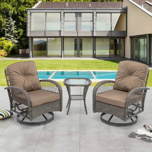 3 Piece Patio Swivel Rocker Chairs Set, 2 360-Degree Swivel Rocking Chairs with 1 Glass Top Table, PE Rattan Outdoor Bistro Set with Cushions for Balcony Deck Poolside Backyard Porch