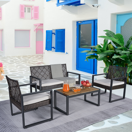 4-Piece Outdoor Patio Furniture, Rattan Balcony Porch Conversation Set with Cushions, PE Wicker Sectional Sofa W/Acacia Wood Table