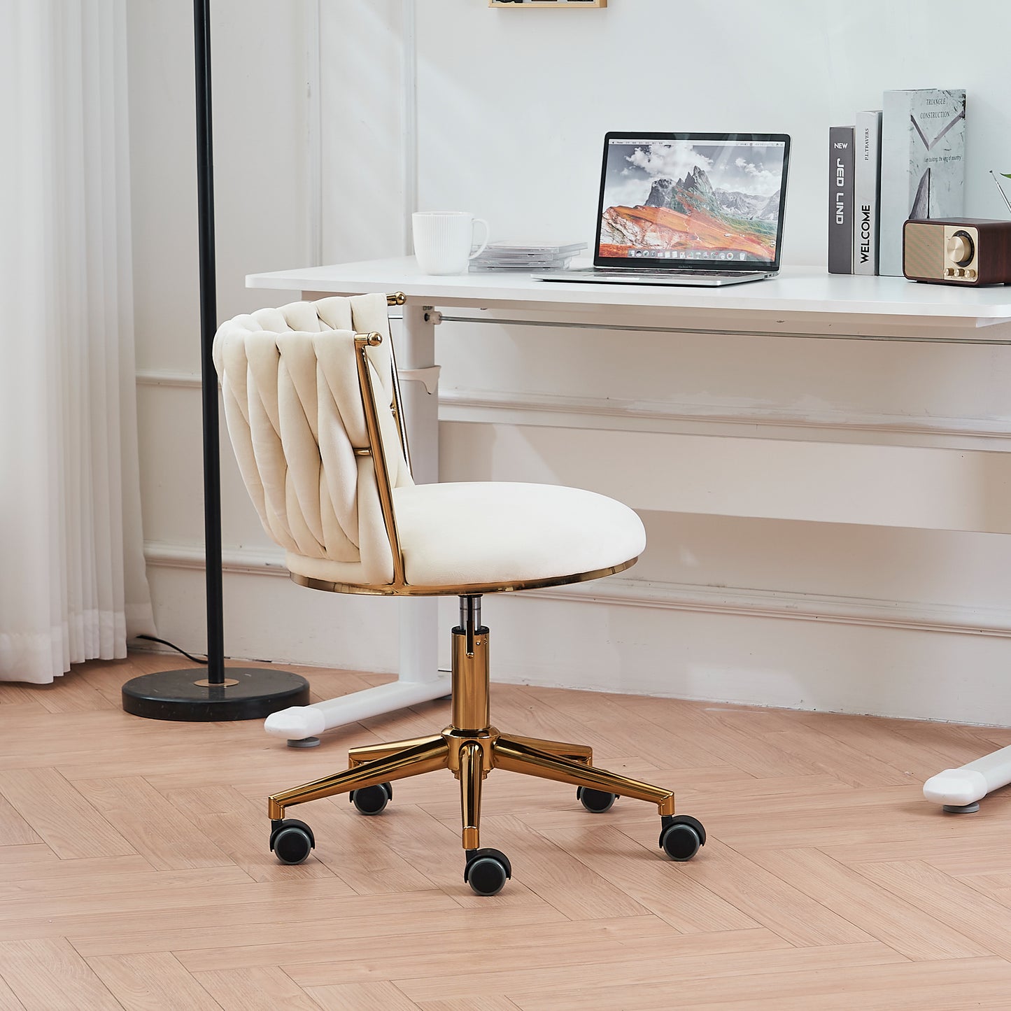 Home Office Desk Chair, SYNGAR Modern Criss-Cross Chair with Wheels, Upholstered Vanity Chair, Computer Chair Office Chair for Living Room Bedroom, Mid Back Height, Beige