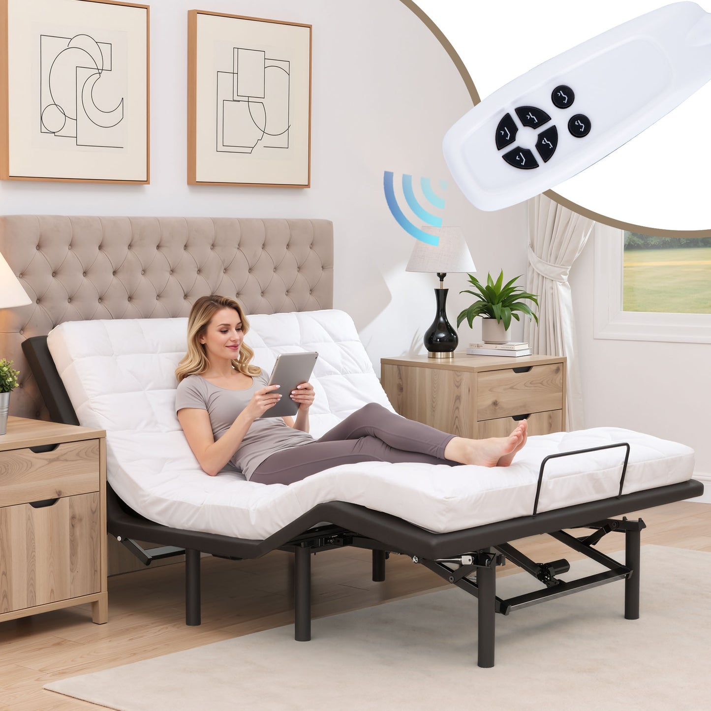 SYNGAR Adjustable Bed Base, Queen Size Bed Frame, Motorized Head and Foot Incline, Adjustable Bed Frame with 14" Storage, Wired Remote for Elderly, Fast & Easy Assembly