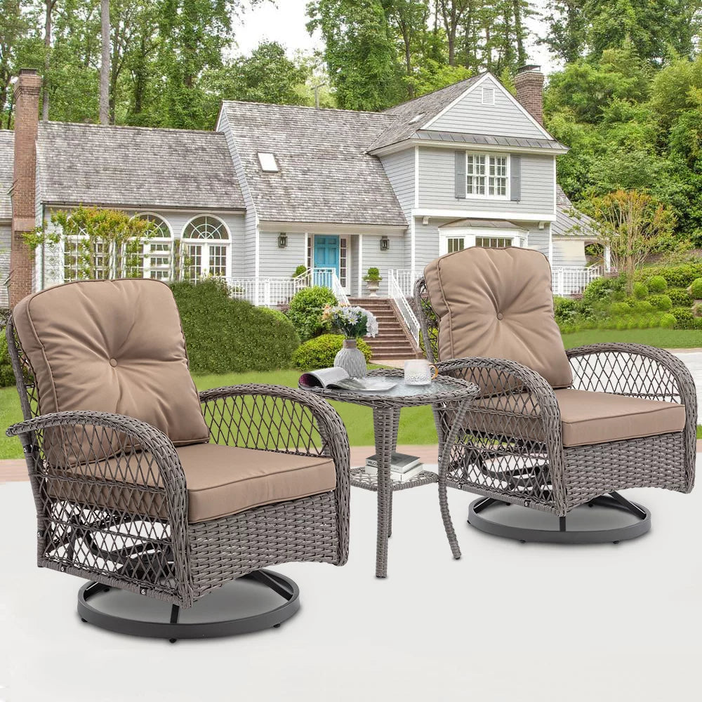 3 Piece Patio Swivel Rocker Chairs Set, 2 360-Degree Swivel Rocking Chairs with 1 Glass Top Table, PE Rattan Outdoor Bistro Set with Cushions for Balcony Deck Poolside Backyard Porch