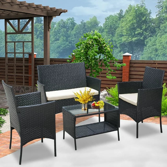 4 PCS Outdoor Patio Bistro Furniture Set, All-Weather Rattan Chair Set, Conversation Furniture Sets Clearance, Cushioned Seat & Glass Table, Bistro Table Set for Porch Garden Poolside Balcony