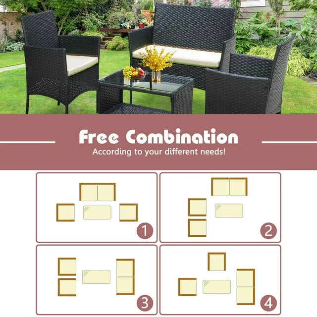 4 PCS Outdoor Patio Bistro Furniture Set, All-Weather Rattan Chair Set, Conversation Furniture Sets Clearance, Cushioned Seat & Glass Table, Bistro Table Set for Porch Garden Poolside Balcony