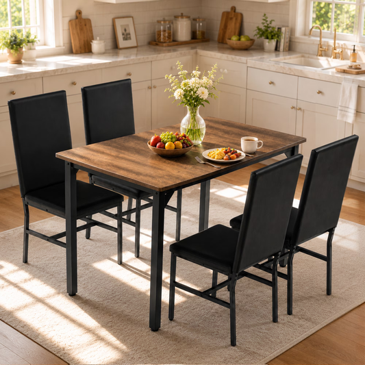 SYNGAR Dining Table Set for 4, 5 Piece Faux Marble Kitchen Table with 4 Upholstered Chairs, Compact Dining Room Set for Small Spaces, Black Chair/Brown Tabletop, BW