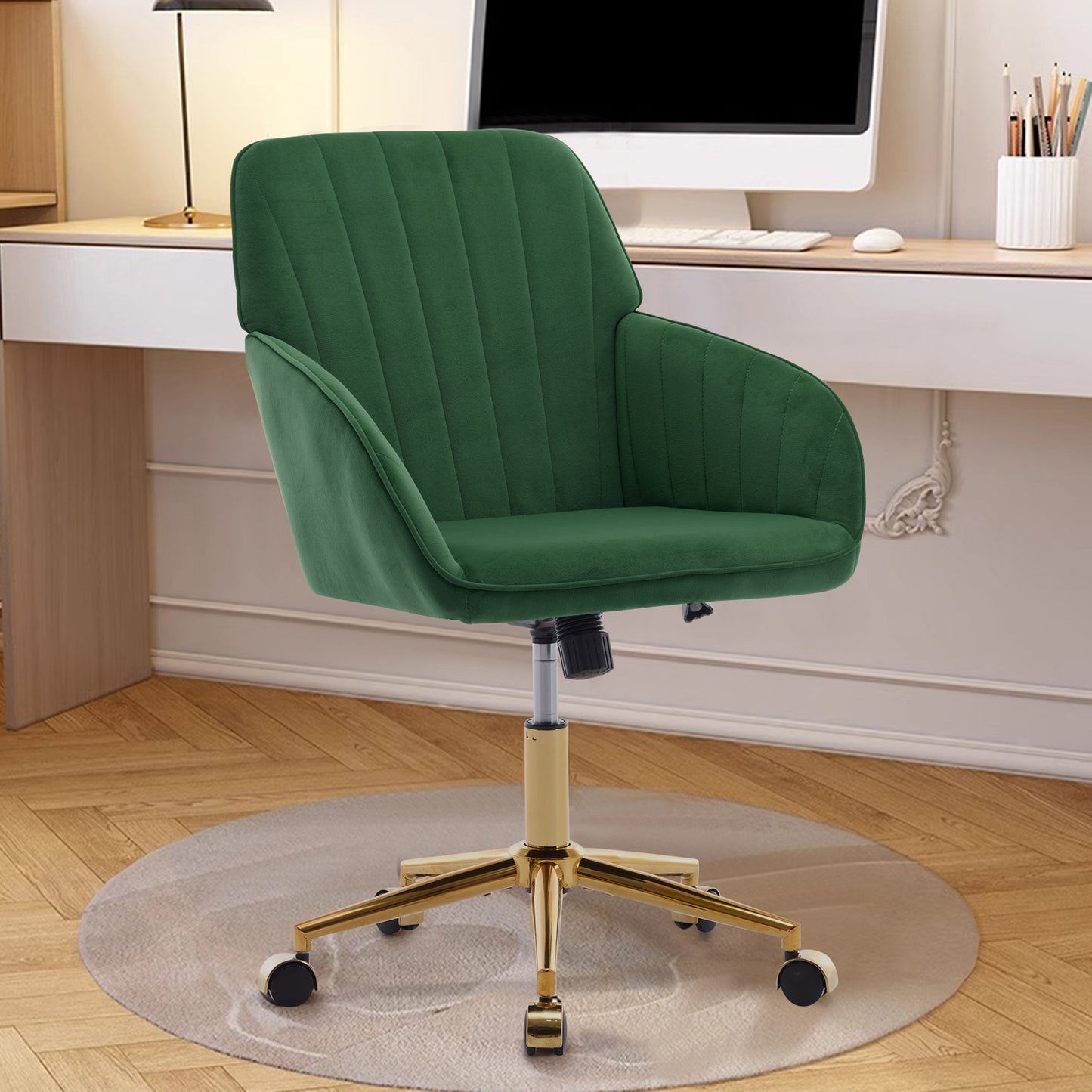 SYNGAR Office Chair with Adjustable Height, Modern Mid Back Soft Criss Cross Chair with Wheels Velvet Swivel Computer Home Task Chairs Ergonomic Executive Chair with Armrests, Rose Red