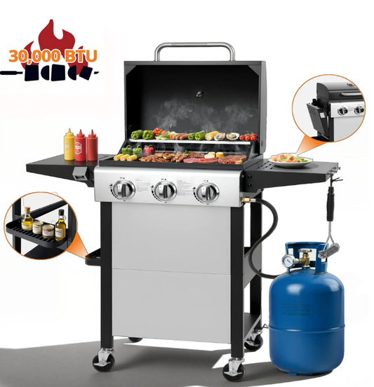 30000BTU Gas Grill, 3-Burner Grills with Built-in Thermometer & Side Table, Stainless Steel BBQ Grills for Outdoor Cooking