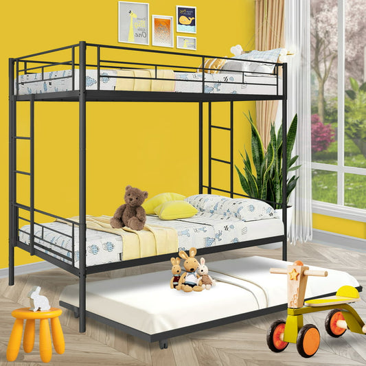 SYNGAR Twin over Twin Bunk Bed with Trundle, Loft Bunk Bed with Pull-out Trundle and Safe Full-length Guardrail, Metal Triple Bunk Bed can Convertible to 3 Single Platform Bed, Black