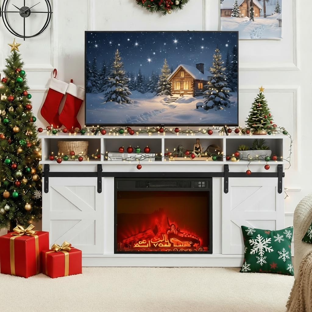 SYNGAR Farmhouse Fireplace TV Stand for TVs up to 65" with 23" Electric Fireplace, Entertainment Center with Open Shelves and 2-Door Storage, Modern Television Table Center for Living Room