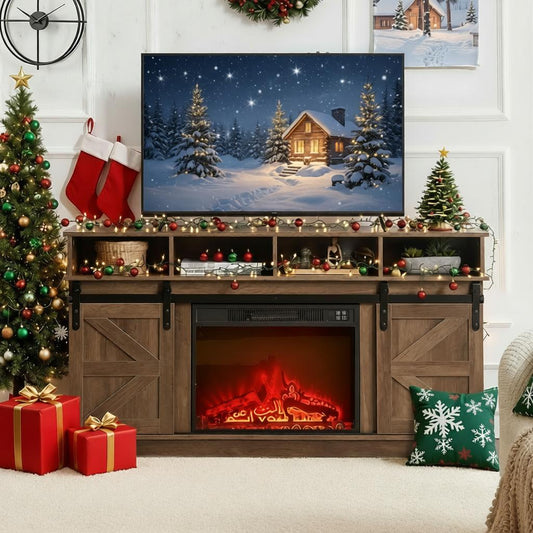 SYNGAR Farmhouse Fireplace TV Stand for TVs up to 65" with 23" Electric Fireplace, Entertainment Center with Open Shelves and 2-Door Storage, Modern Television Table Center for Living Room