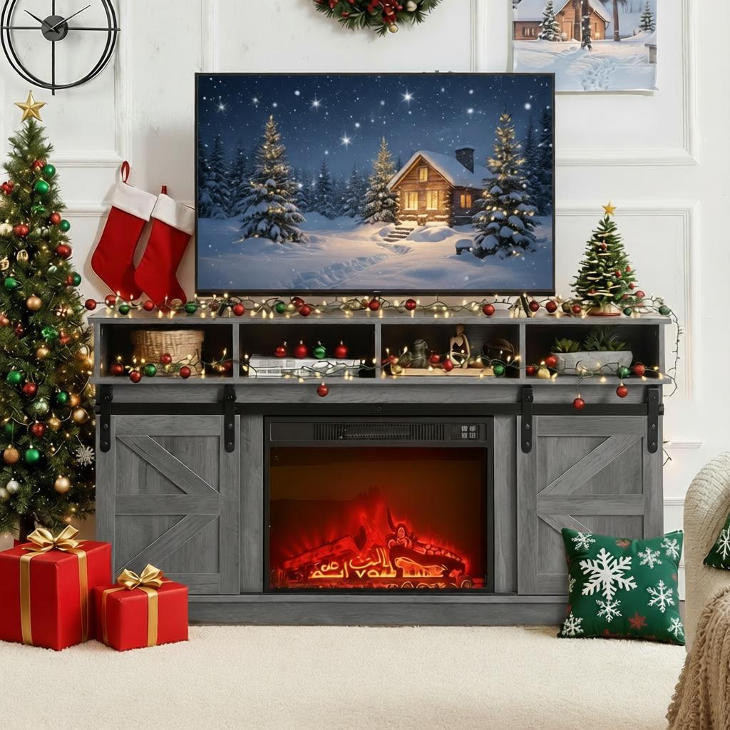SYNGAR Farmhouse Fireplace TV Stand for TVs up to 65" with 23" Electric Fireplace, Entertainment Center with Open Shelves and 2-Door Storage, Modern Television Table Center for Living Room