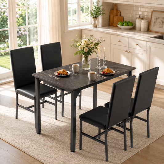 Syngar Dining Table with Chairs, Dining Room Table Set for 4, Faux Marble Tabletop and 4 PU Leather High Back Chairs, Kitchen Table and Chairs for Small Space, BK