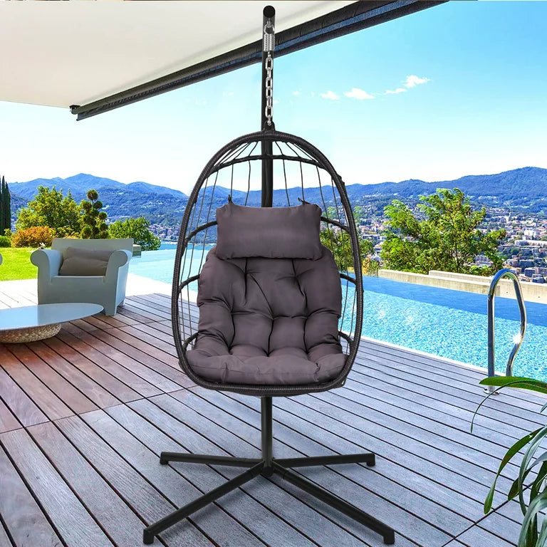 Wicker Hanging Egg Chair with Stand, Hammock Egg Chairs with Hanging Kits, Soft Cushion & Pillow, Large Swing Lounge Chair, Outdoor Indoor Patio Balcony Bedroom Relaxing Basket Chair, B054