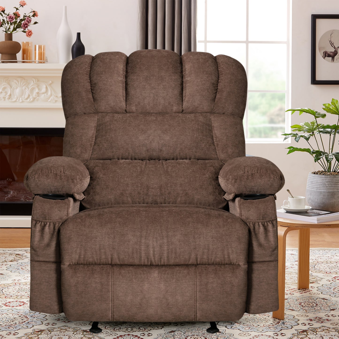 SYNGAR Manual Recliner Chair with Heat and Vibration Massage, Fabric Elderly Single Reclining Rocker Sofa with USB Charge Port, Cup Holders and Side Pocket for Bedroom Home Theater, Brown