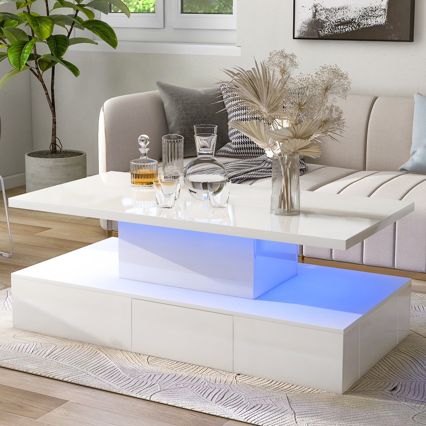 SYNGAR LED Coffee Table with 4 Storage Sliding Drawers and Open Shelves, Modern High Glossy Center Table Rectangular with Multiple Colors LED Lights for Living Room Bedroom, Easy Assembly, White