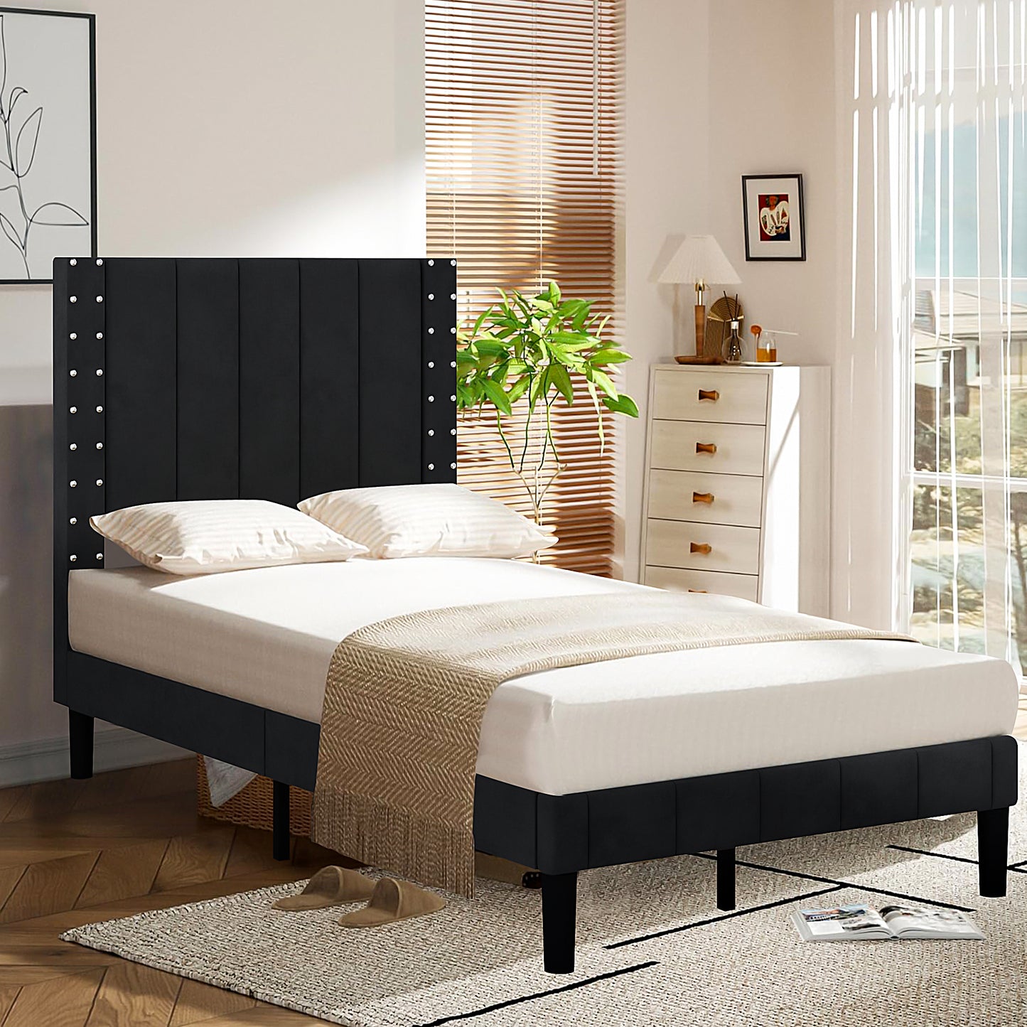 SYNGAR Twin Bed Frame, Twin Size Fabric Upholstered Platform Bed Frame with Headboard, Bedroom Furniture Metal Frame Platform Bed Frame, No Box Spring Needed, Black