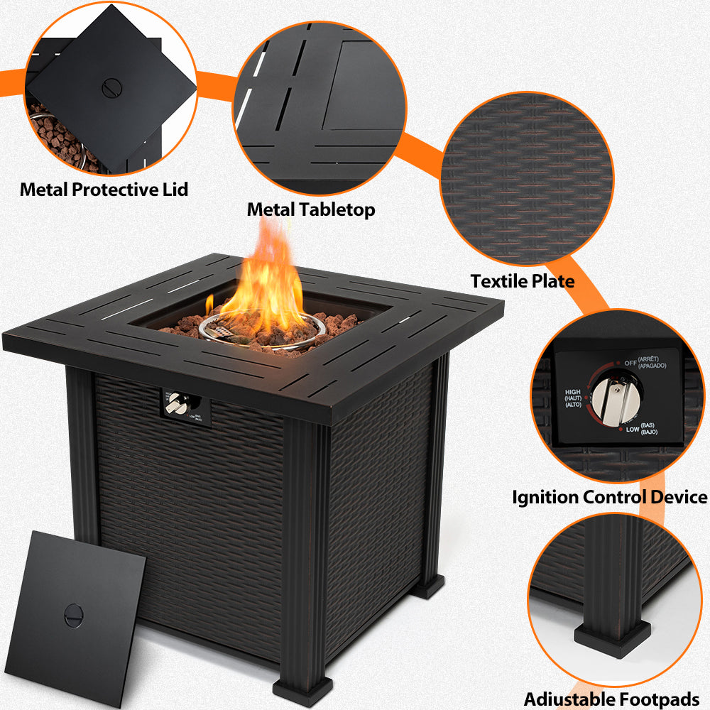 2-in-1 Propane Fire Pit Table, Outdoor Table with Fire Pit, 28" 40,000 BTU Auto-Ignition Gas Fire Pit Table with Lid & Lava Rock, Square Fire Table with Rattan Exterior for Yard Patio Garden