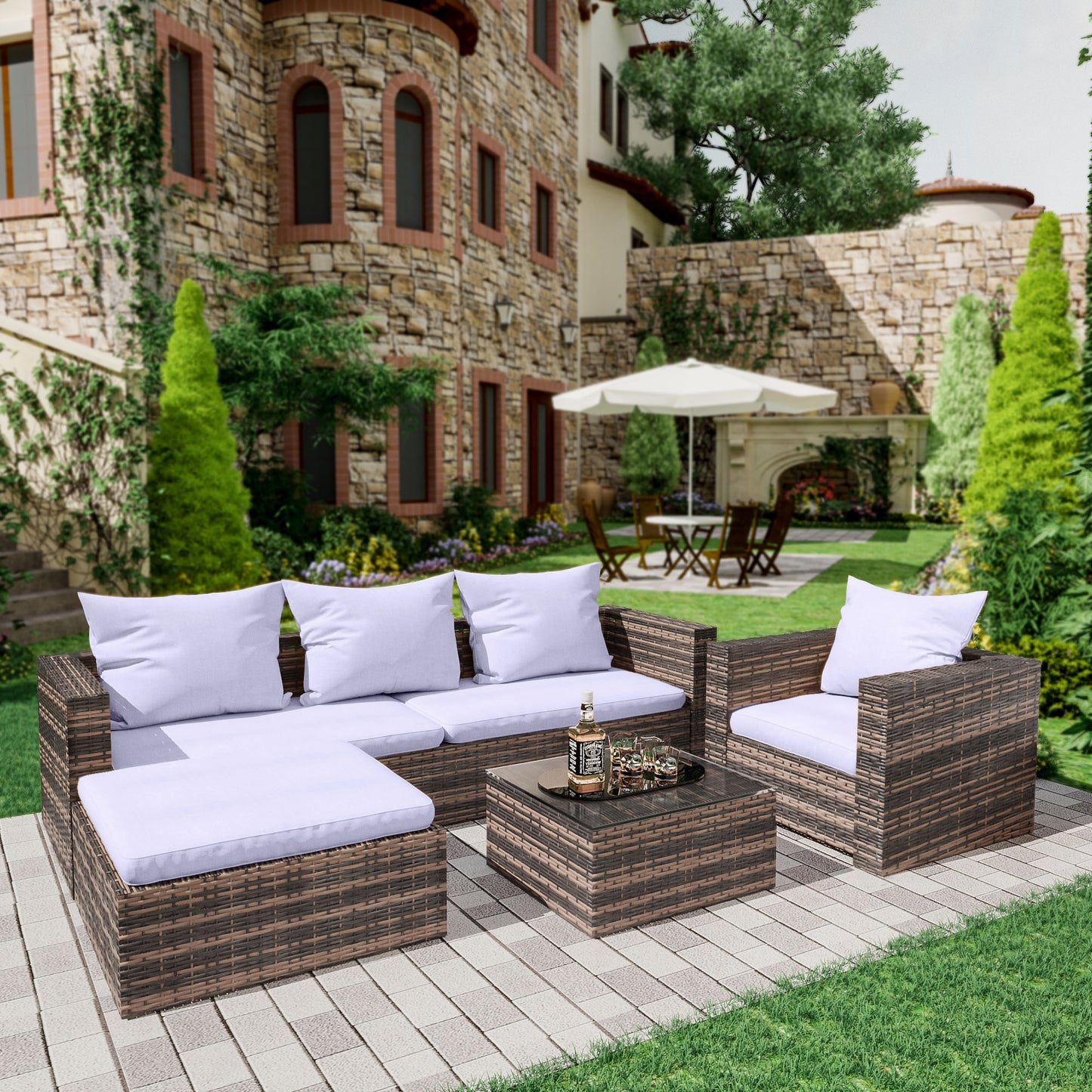 Rattan Patio Sofa Set, 4 Piece Outdoor Sectional Furniture Set, All-Weather PE Rattan Wicker Patio Conversation Set, Cushioned Sofa Set with Glass Table for Garden Pool Deck Porch, K2821
