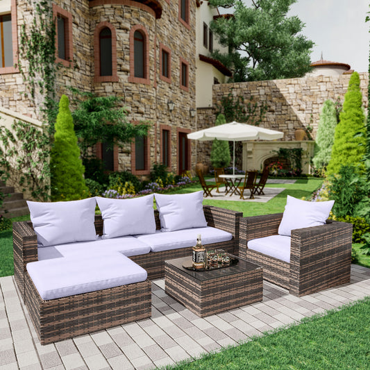 Rattan Patio Sofa Set, 4 Piece Outdoor Sectional Furniture Set, All-Weather PE Rattan Wicker Patio Conversation Set, Cushioned Sofa Set with Glass Table for Garden Pool Deck Porch, K2821