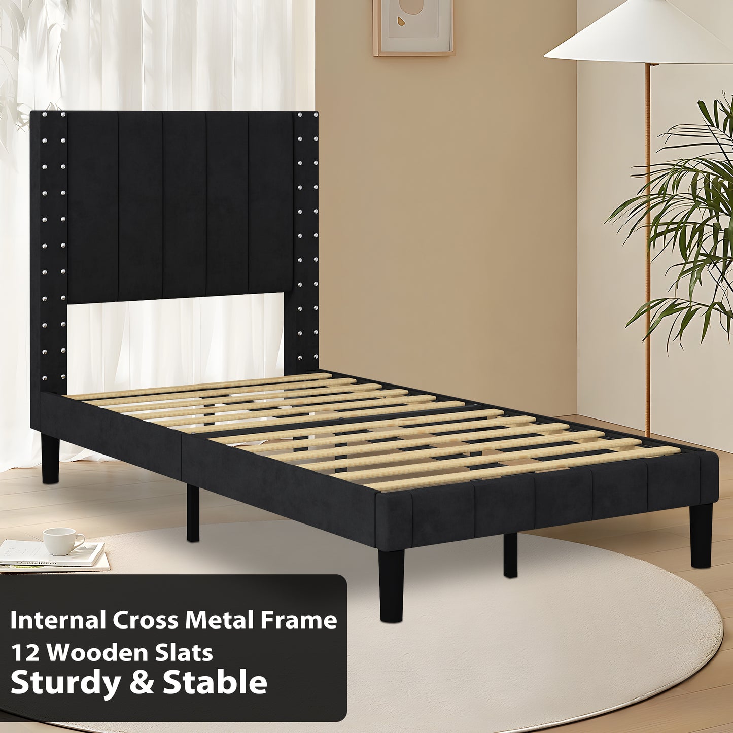 SYNGAR Twin Bed Frame, Twin Size Fabric Upholstered Platform Bed Frame with Headboard, Bedroom Furniture Metal Frame Platform Bed Frame, No Box Spring Needed, Black