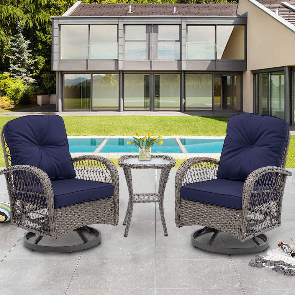 3 Piece Outdoor Patio Furniture Set, PE Rattan High Top Table and Chairs Set, Outdoor Pub Table Set with Cushions for 2 Persons, All-weather Bistro Set for Patio Pool Balcony Pub Cafe, B089