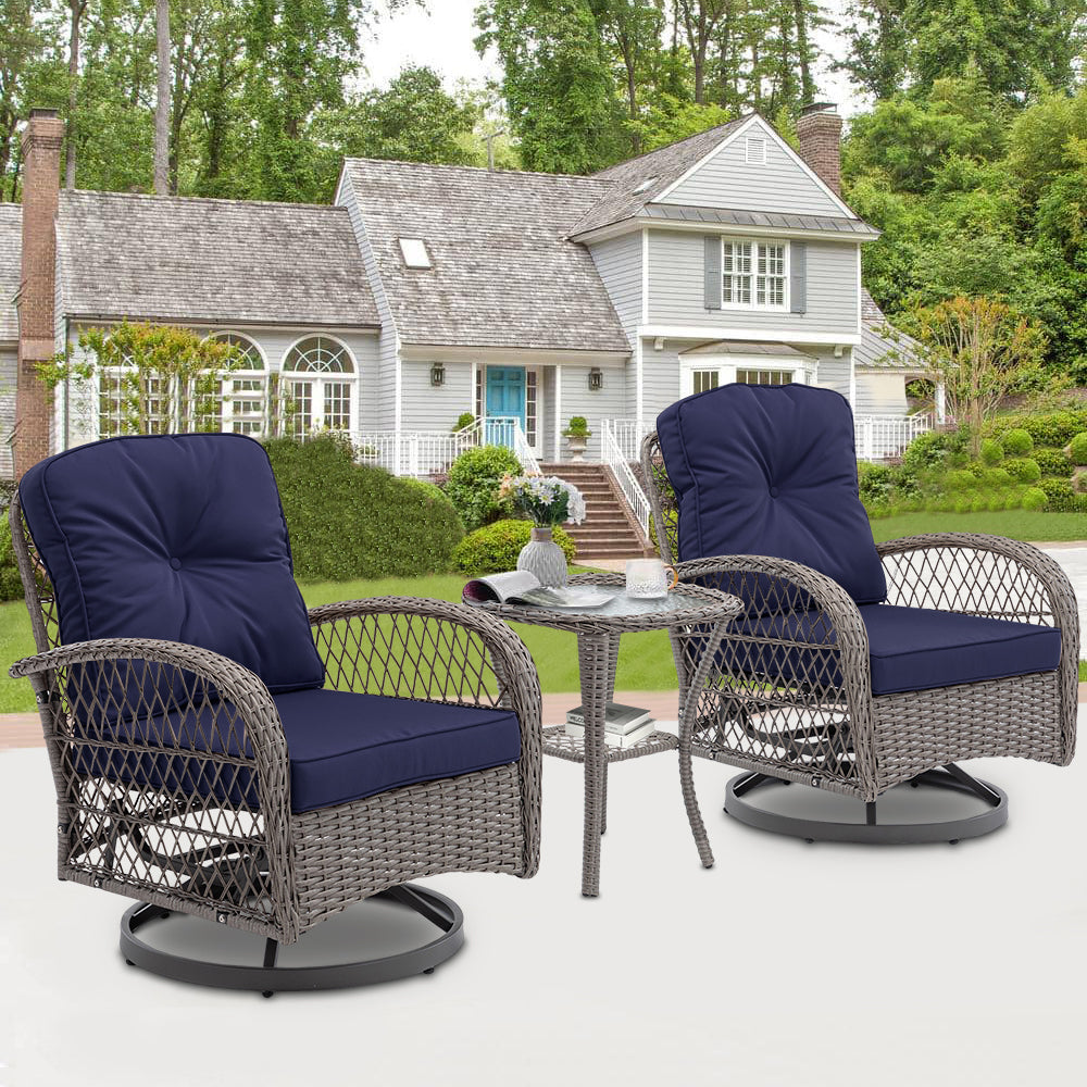 3 Piece Patio Swivel Rocker Chairs Set, 2 360-Degree Swivel Rocking Chairs with 1 Glass Top Table, PE Rattan Outdoor Bistro Set with Cushions for Balcony Deck Poolside Backyard Porch