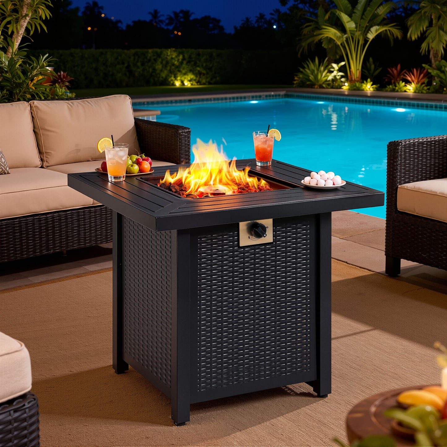 2-in-1 Propane Fire Pit Table, Outdoor Table with Fire Pit, 28" 40,000 BTU Auto-Ignition Gas Fire Pit Table with Lid & Lava Rock, Square Fire Table with Rattan Exterior for Yard Patio Garden