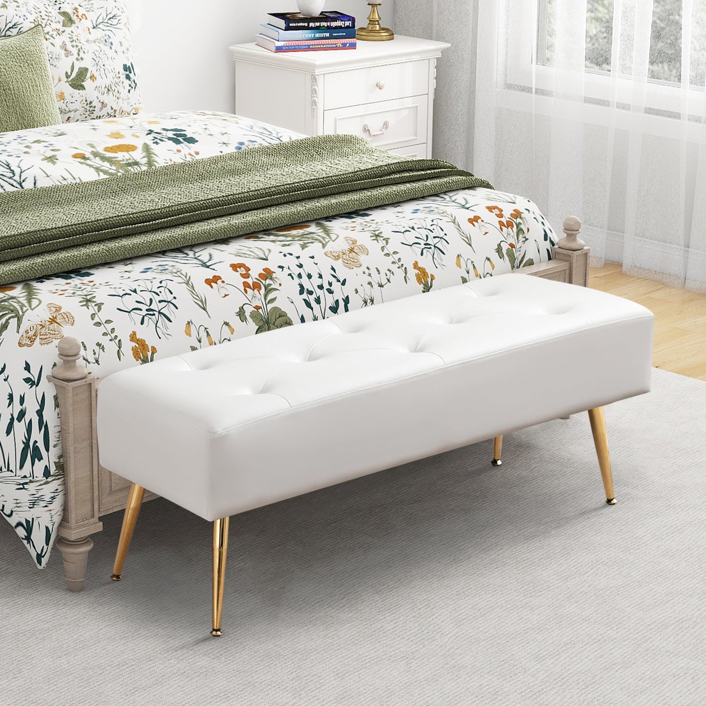 SYNGAR Upholstered Bench, Modern Leather Entryway Bench Seat Footstool, Rectangular End of Bed Bench with Wood Legs, Ottoman Bench Seat for Bedroom Living Room Hallway, White