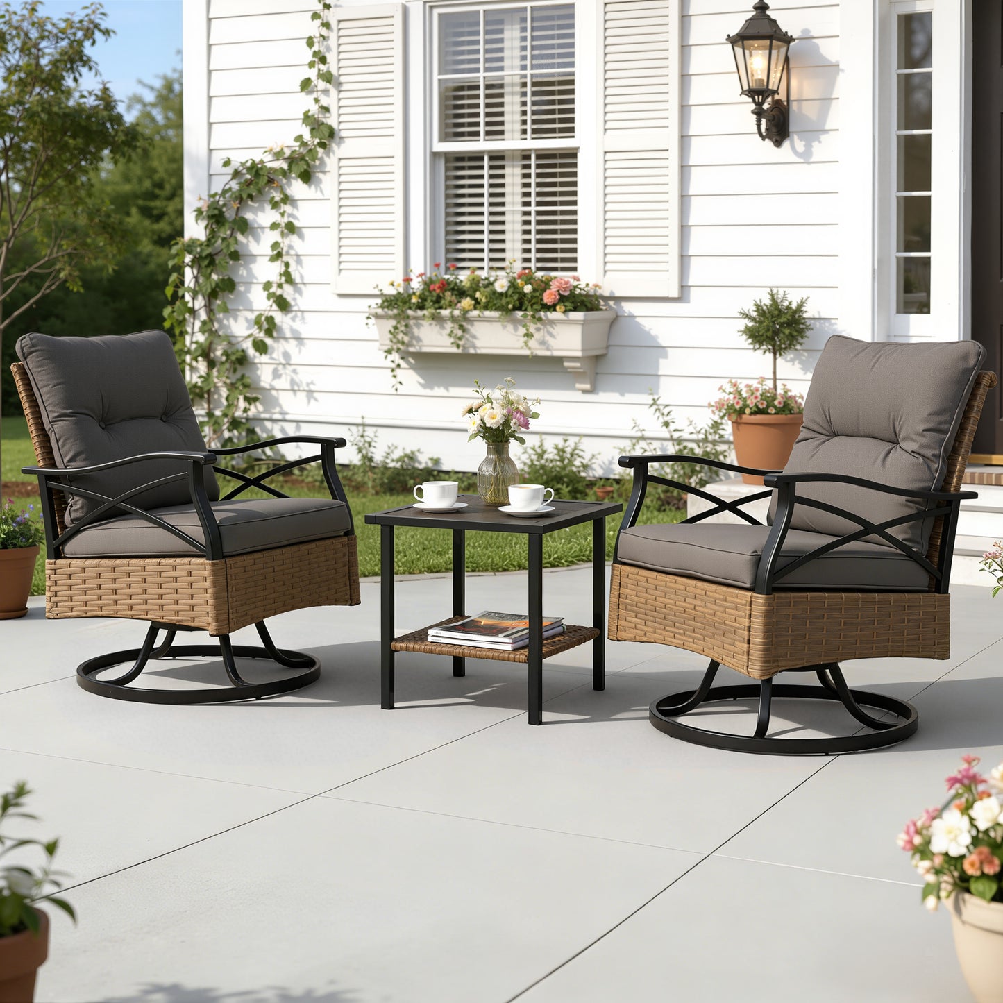 3 Piece Outdoor Bistro Swivel Chairs Set, Patio Bistro Set w/ 360° Swivel Rocking Chairs & Table, All-Weather Conversation Set with Metal Frame for Patio Backyard Porches or Garden - Khaki