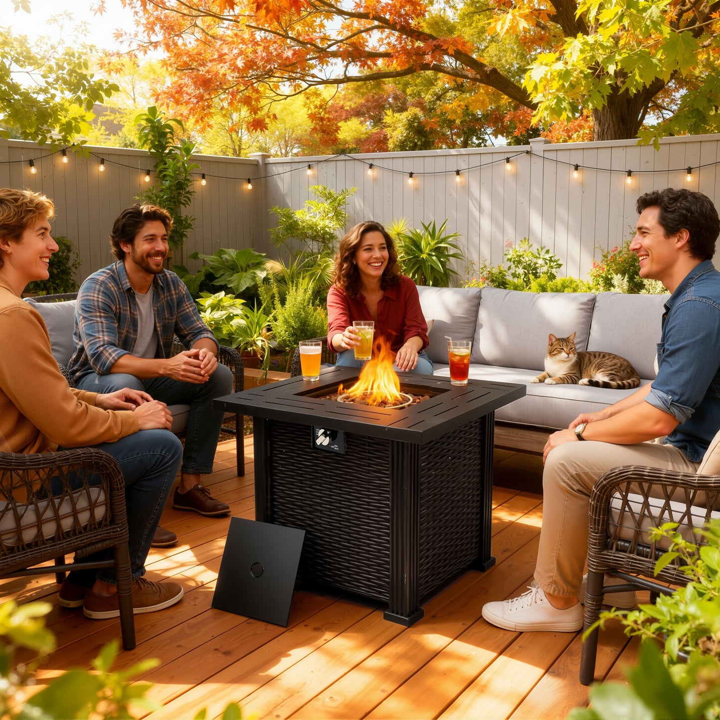 2-in-1 Propane Fire Pit Table, Outdoor Table with Fire Pit, 28" 40,000 BTU Auto-Ignition Gas Fire Pit Table with Lid & Lava Rock, Square Fire Table with Rattan Exterior for Yard Patio Garden