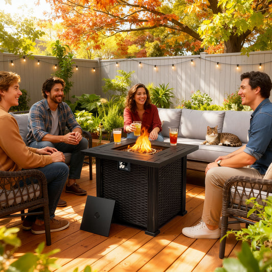 2-in-1 Propane Fire Pit Table, Outdoor Table with Fire Pit, 28" 40,000 BTU Auto-Ignition Gas Fire Pit Table with Lid & Lava Rock, Square Fire Table with Rattan Exterior for Yard Patio Garden