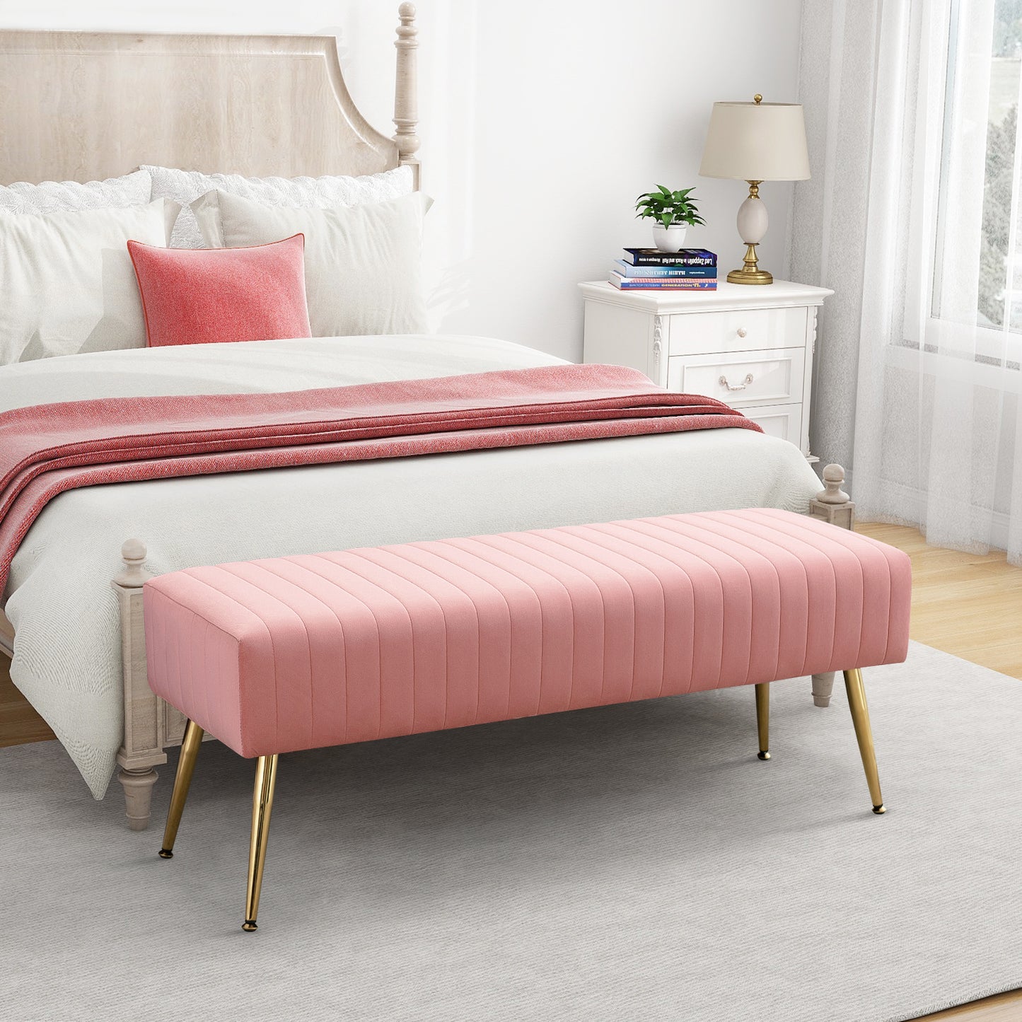 SYNGAR Entryway Bench, Velvet Upholstered Seat Footstool, Rectangular End of Bed Bench with Metal Legs, Ottoman Bench Seat for Bedroom Living Room Hallway, Modern Home Furniture Bed Bench, Pink