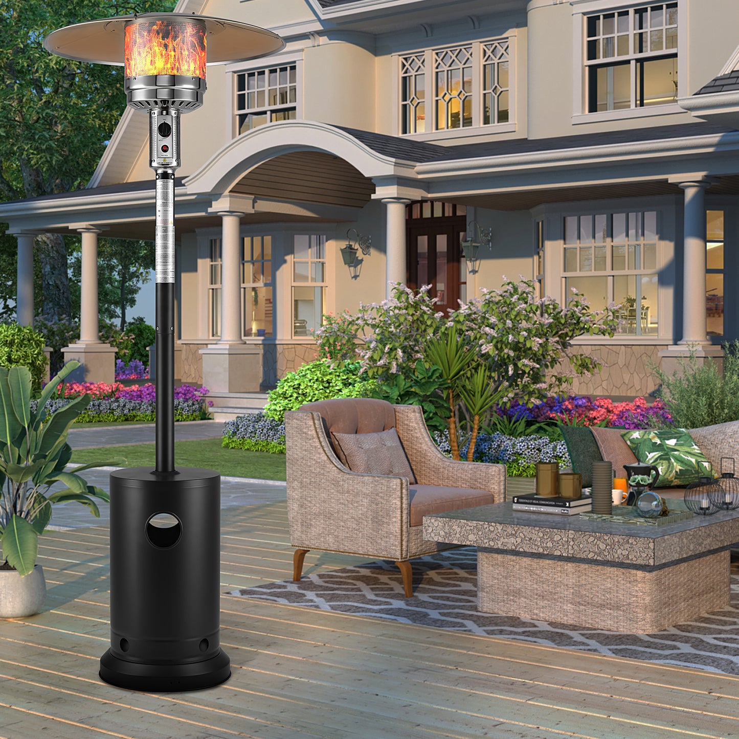 48,000 BTU Patio Heater for Outdoor Use, Propane Patio Heater with Table Design & Wheels, Commercial & Residential, Black