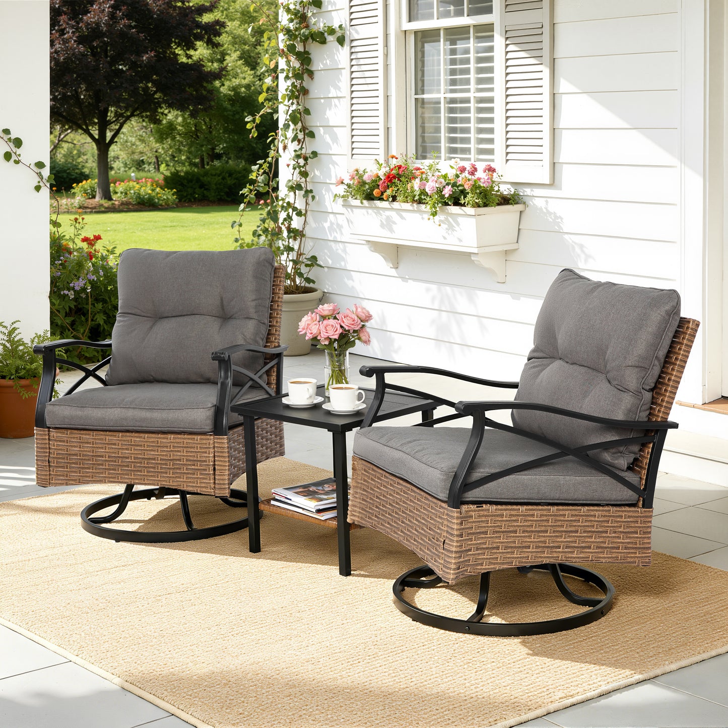 3 Piece Patio Swivel Rocker Chairs Set, 2 360-Degree Swivel Rocking Chairs with 1 Glass Top Table, PE Rattan Outdoor Bistro Set with Cushions for Balcony Deck Poolside Backyard Porch