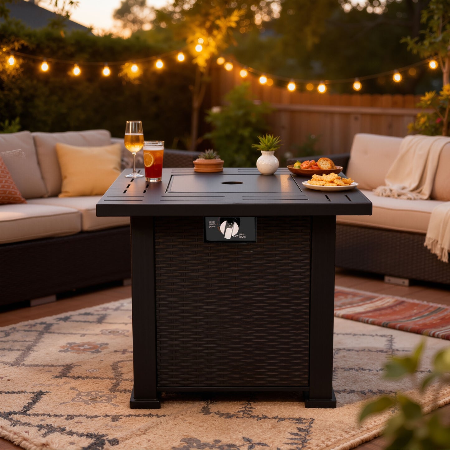 2-in-1 Propane Fire Pit Table, Outdoor Table with Fire Pit, 28" 40,000 BTU Auto-Ignition Gas Fire Pit Table with Lid & Lava Rock, Square Fire Table with Rattan Exterior for Yard Patio Garden