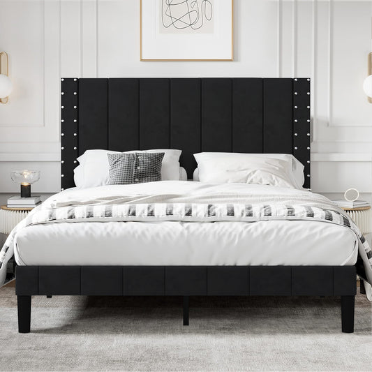SYNGAR Full Bed Frame, Full Size Fabric Upholstered Platform Bed Frame with Rivets Vertical Channel Headboard, Bedroom Furniture Metal Frame Platform Bed Frame, No Box Spring Needed, Black