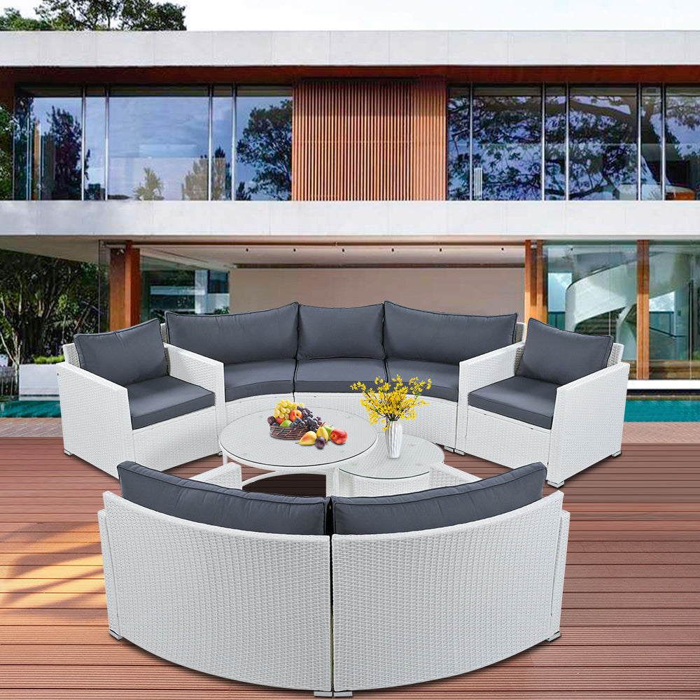 9 Piece Patio Furniture Set, Half-Moon Sectional Furniture Sofa Set with 2 Free Overlapping Tables, PE Rattan Round Sofa Set, Outdoor Conversation Set for Patio Pool Yard Garden