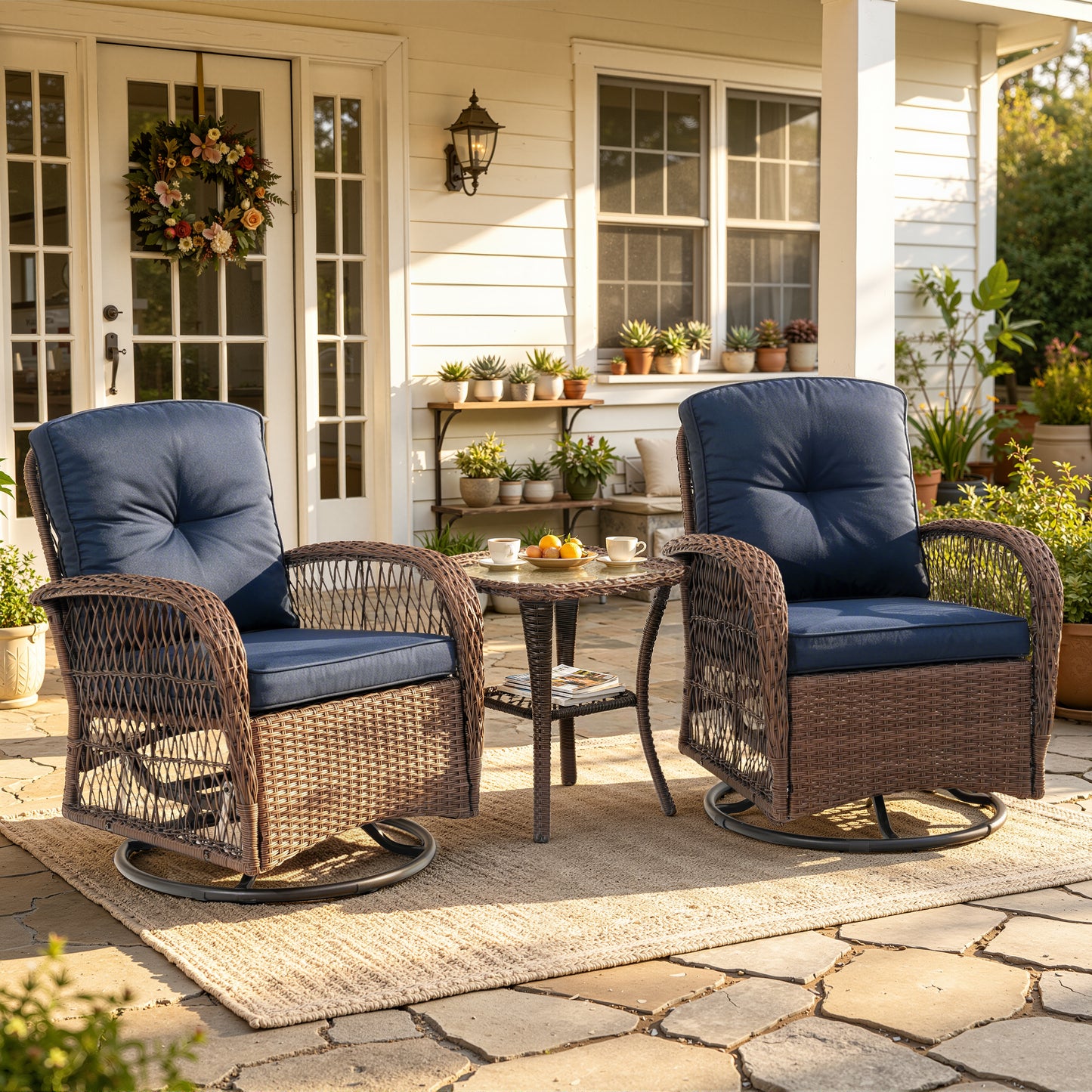 3 Piece Patio Swivel Rocker Chairs Set, 2 360-Degree Swivel Rocking Chairs with 1 Glass Top Table, PE Rattan Outdoor Bistro Set with Cushions for Balcony Deck Poolside Backyard Porch
