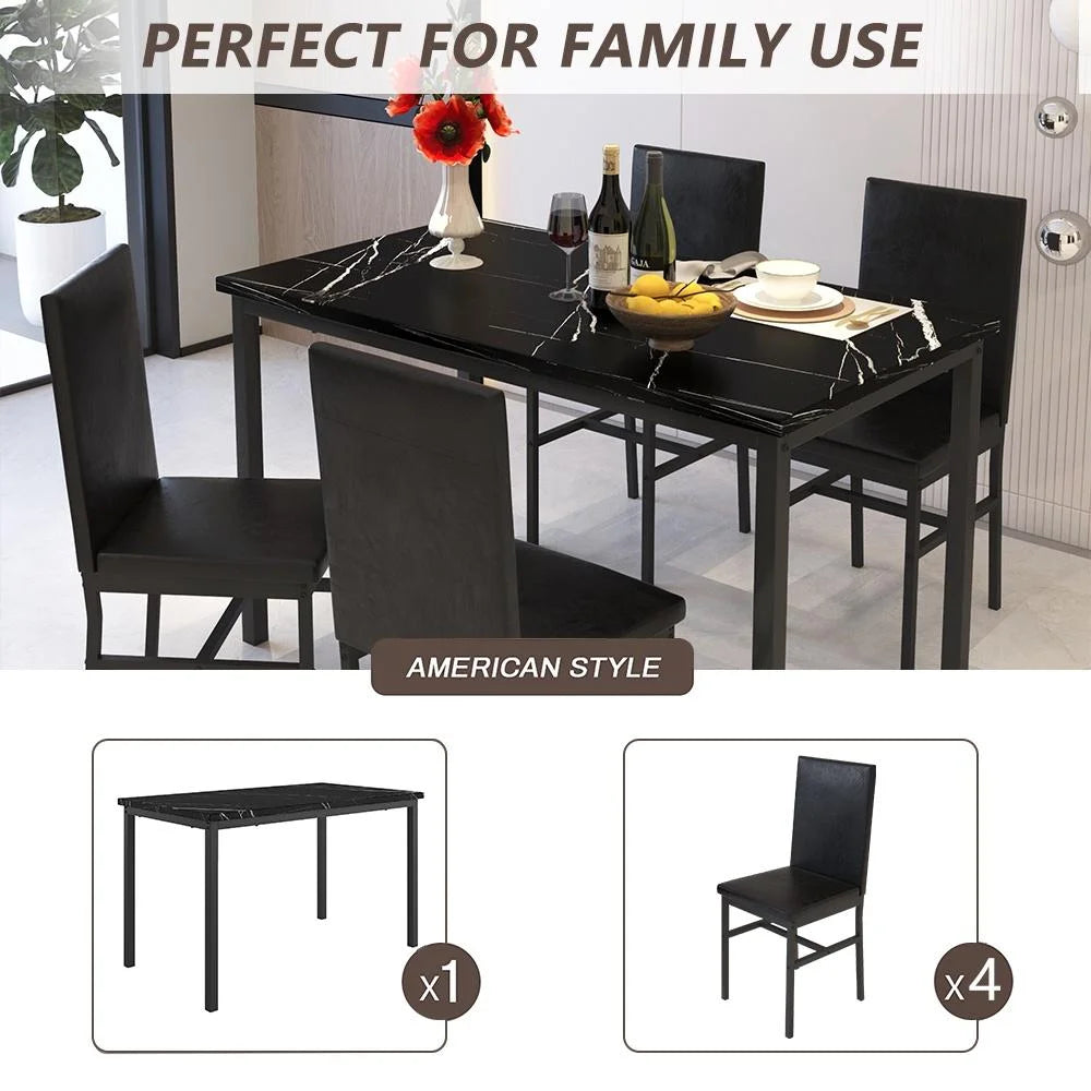 5 Piece Dining Set, Modern Dining Table and Chairs Set for 4, Kitchen Dining Table Set with Faux Marble Tabletop and 4 PU Leather Upholstered Chairs
