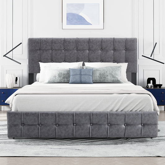 SYNGAR Queen Bed Frame, New Upgrade Queen Size Fabric Upholstered Platform Bed Frame with Button Tufted Headboard, Bedroom Furniture Metal Frame Platform Bed Frame, No Box Spring Needed, Dark Gray