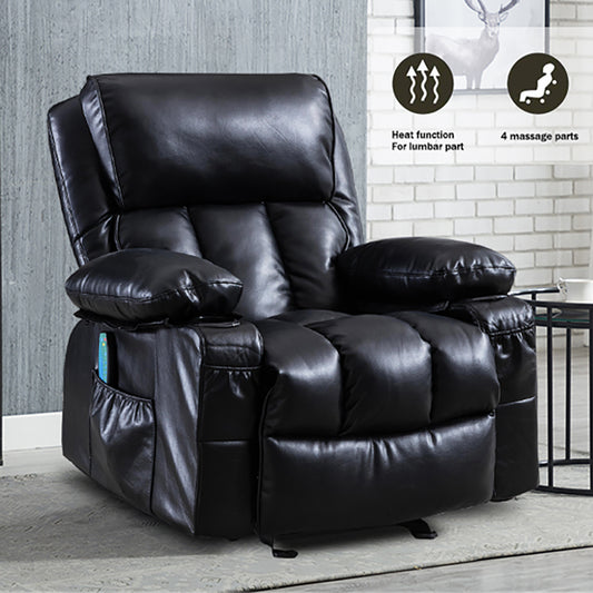 SYNGAR Manual Recliner Chair with Heat and Vibration Massage, Faux Leather Elderly Single Reclining Rocker Sofa with USB Charge Port, Cup Holders and Side Pocket for Bedroom Home Theater, Black