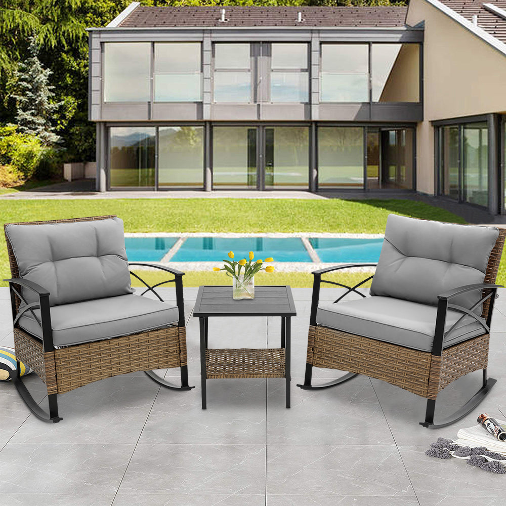 3 Piece Outdoor Rocking Bistro Set, PE Rattan Glass Top Table and Rocking Chairs Set, Outdoor Conversation Set with Cushions for 2 Persons, All-weather Bistro Set for Patio, Pool, Balcony, Pub, Cafe