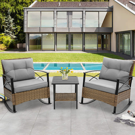 3 Piece Outdoor Rocking Bistro Set, PE Rattan Glass Top Table and Rocking Chairs Set, Outdoor Conversation Set with Cushions for 2 Persons, All-weather Bistro Set for Patio, Pool, Balcony, Pub, Cafe