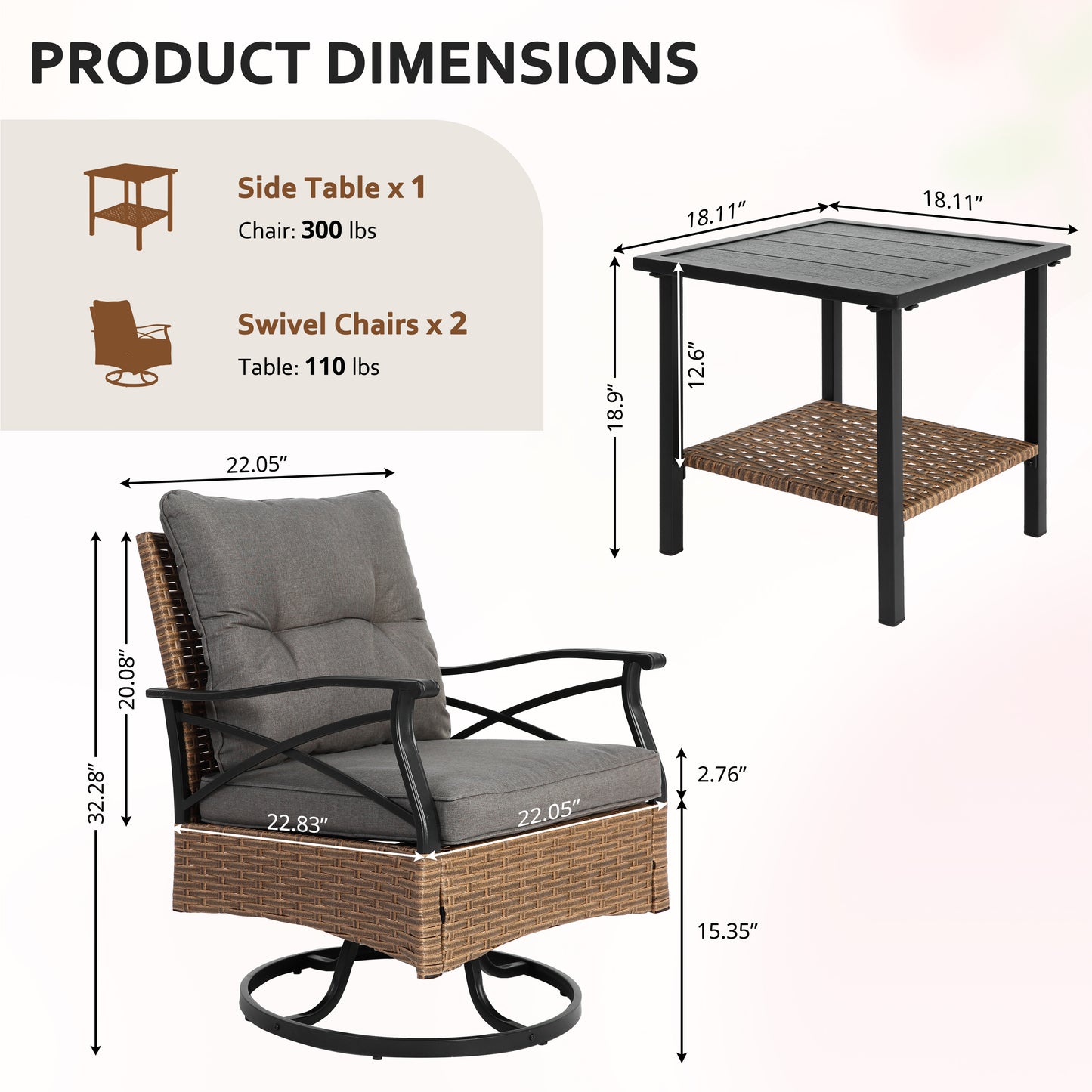 3 Piece Outdoor Bistro Swivel Chairs Set, Patio Bistro Set w/ 360° Swivel Rocking Chairs & Table, All-Weather Conversation Set with Metal Frame for Patio Backyard Porches or Garden - Khaki