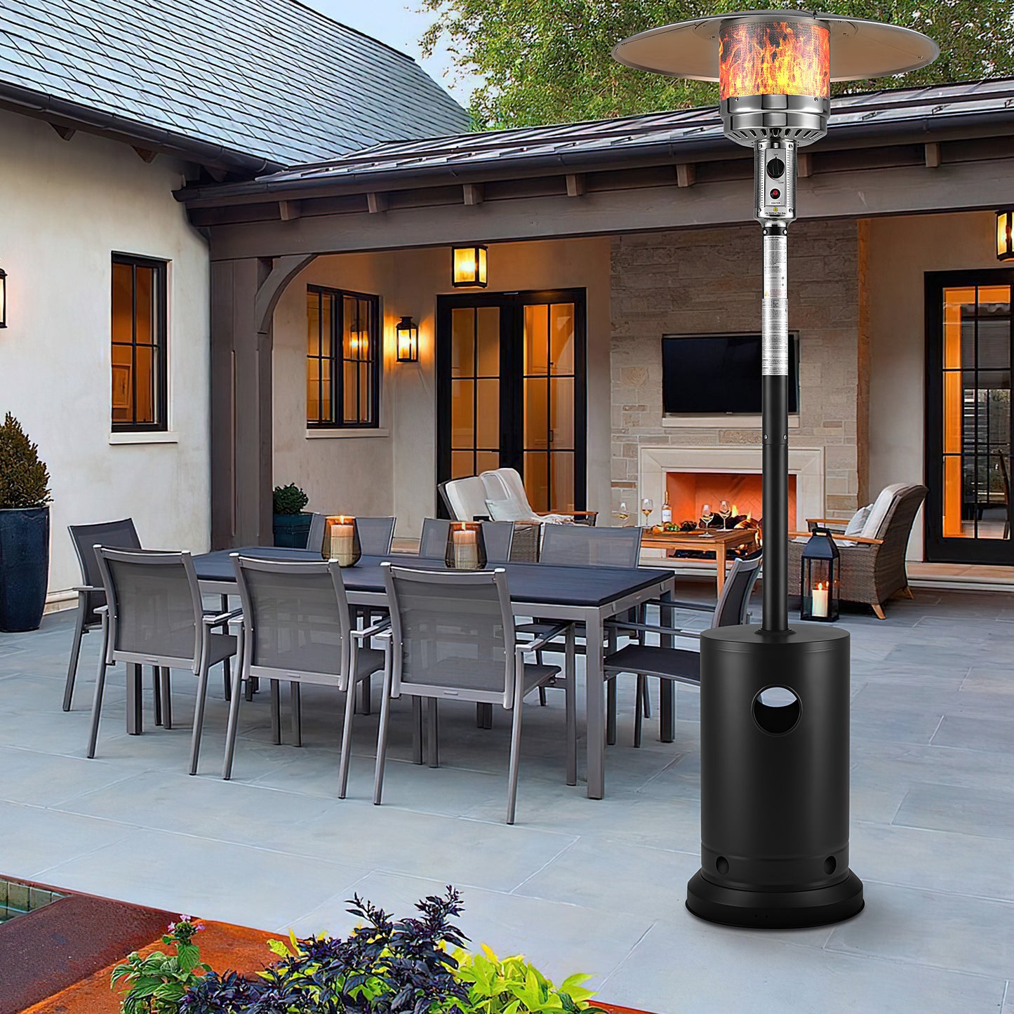 48,000 BTU Patio Heater for Outdoor Use, Propane Patio Heater with Table Design & Wheels, Commercial & Residential, Black