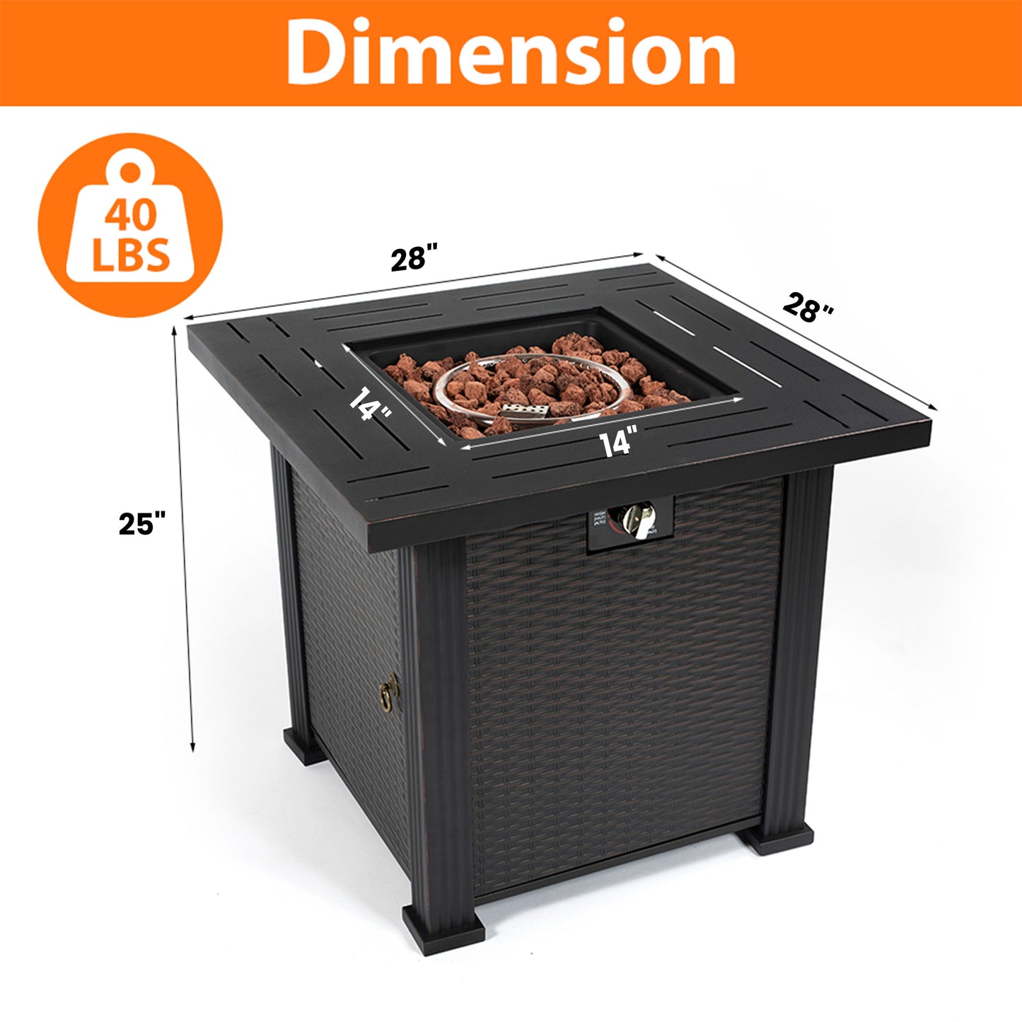 2-in-1 Propane Fire Pit Table, Outdoor Table with Fire Pit, 28" 40,000 BTU Auto-Ignition Gas Fire Pit Table with Lid & Lava Rock, Square Fire Table with Rattan Exterior for Yard Patio Garden