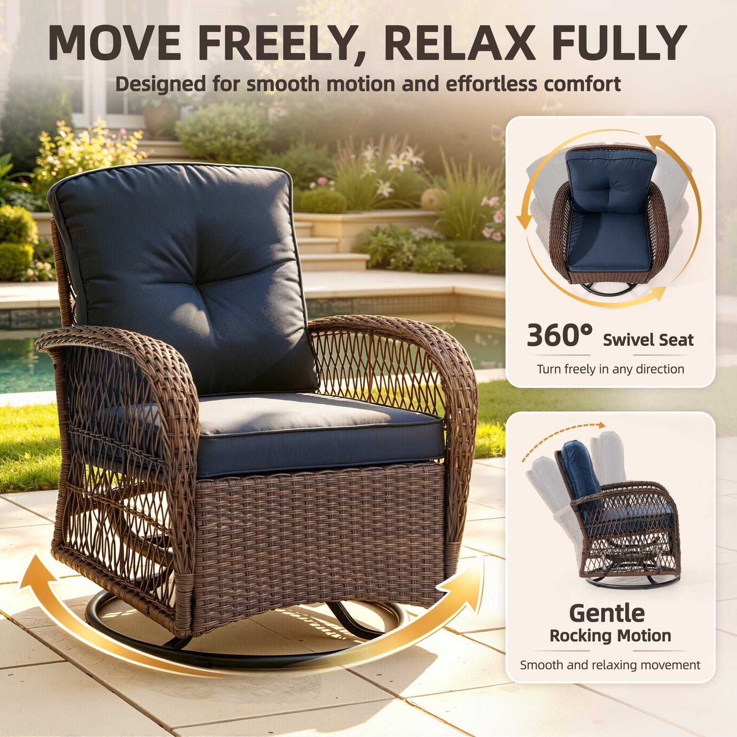 3 Piece Patio Swivel Rocker Chairs Set, 2 360-Degree Swivel Rocking Chairs with 1 Glass Top Table, PE Rattan Outdoor Bistro Set with Cushions for Balcony Deck Poolside Backyard Porch