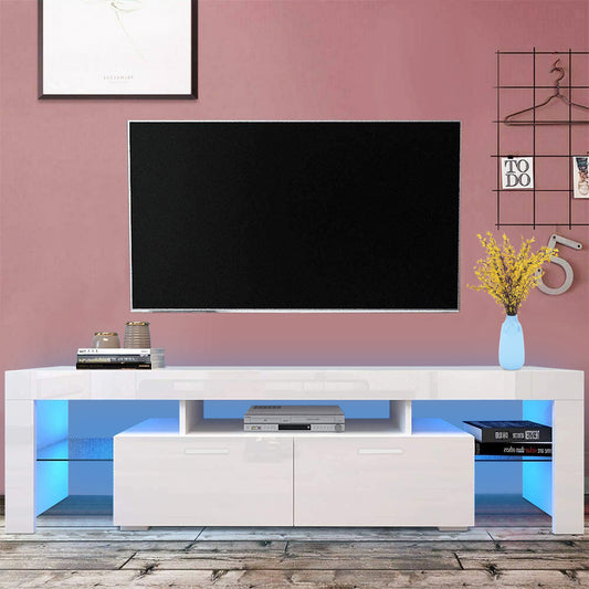 White TV Stand for 65 inch TV, Modern High Glossy Television Table Stands TV Cabinet Console Table with 16 Colors LED Lights, TV Buffet Cabinet with Storage, Living Room Entertainment Center