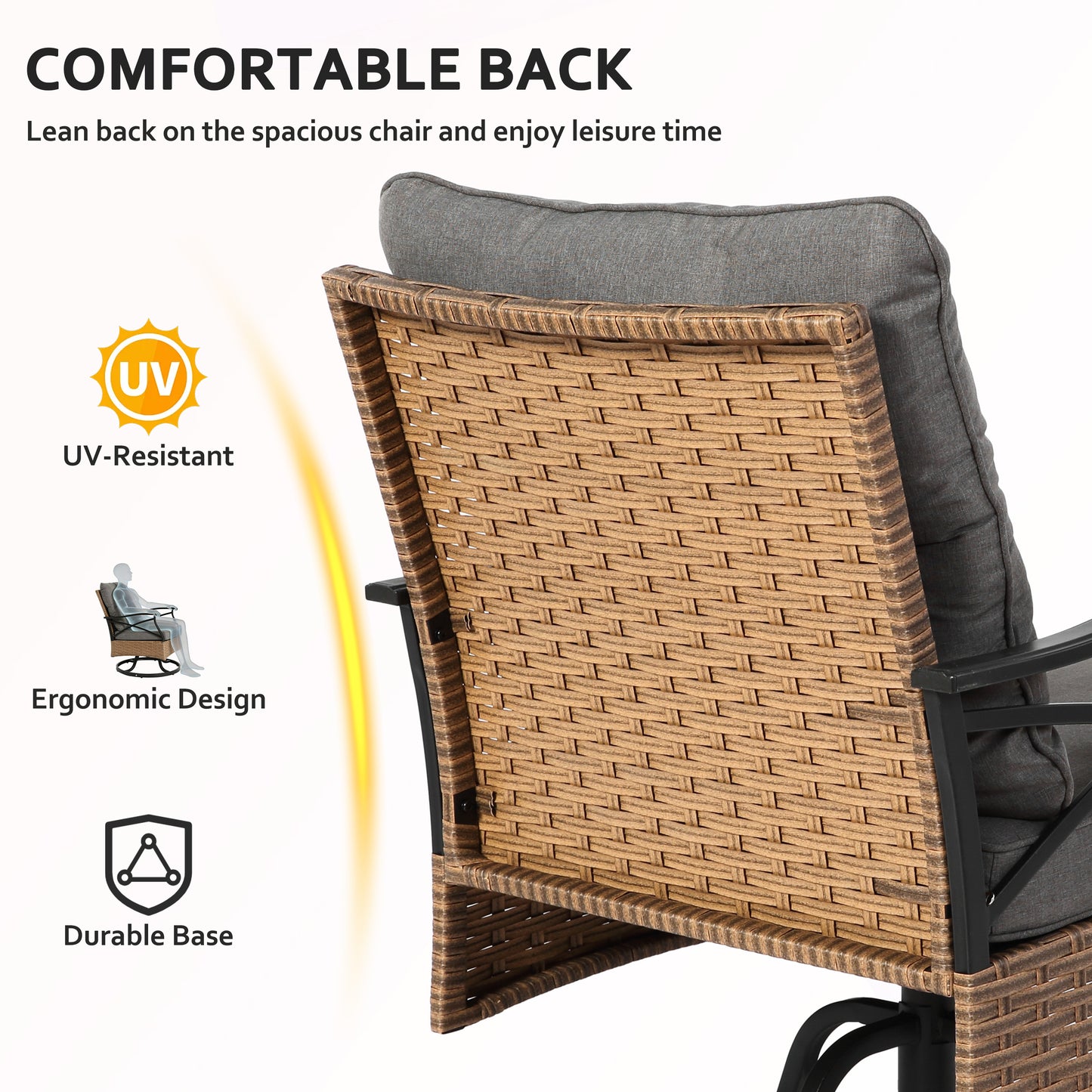 3 Piece Outdoor Bistro Swivel Chairs Set, Patio Bistro Set w/ 360° Swivel Rocking Chairs & Table, All-Weather Conversation Set with Metal Frame for Patio Backyard Porches or Garden - Khaki