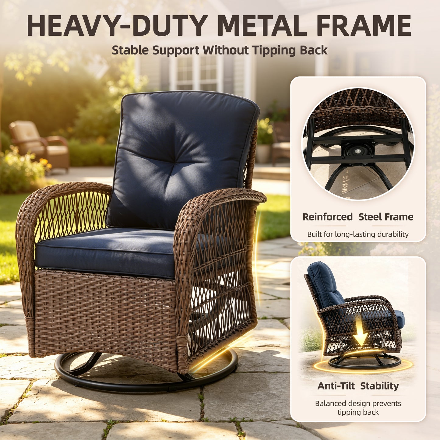 3 Piece Patio Swivel Rocker Chairs Set, 2 360-Degree Swivel Rocking Chairs with 1 Glass Top Table, PE Rattan Outdoor Bistro Set with Cushions for Balcony Deck Poolside Backyard Porch